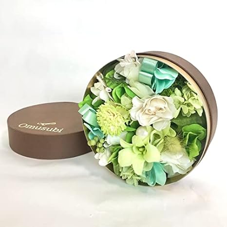 Amazon ボックスフラワー 丸型 箱 花 ギフト プリザーブドフラワー 誕生日 お祝い 歓送迎会 Omusubiflowers グリーン プリザーブドフラワー オンライン通販