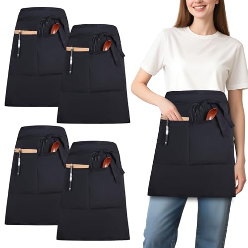 Qixora 4 Stück Schwarze Vorbinder Schürze,22x33 inch Kellnerschürze,Kellnerschürze,Taillenschürze,Wasserdichte Halbe schürze,Kochschürze zum Kochen,Schürze für Küche,Cafe,Bar,Bistro,Garten,Backen