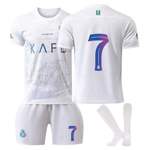 sinirttou Conjunto de Fútbol de Jersey para Niños con Camiseta, No.7 Pantalones Cortos y Calcetines, Camiseta de Fútbol para Niño y Niña Blanco XL,Tamaño: 28 (Altura:150-160 CM)