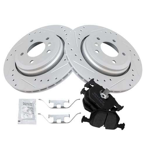 Image of TRQ Performance Rear Brake Pad and Rotor Set Semi Metallic G Coated Rotors Compatible with 2001-2006 BMW 330Ci 2001-2005 330i 330xi