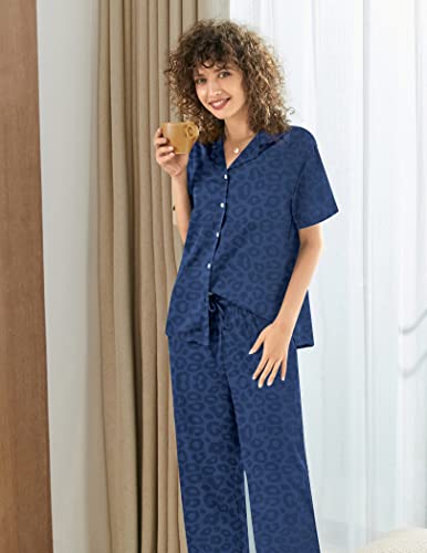 Ekouaer Womens Satin Capri Pajamas Short Sleeve Sleepwear Silk Soft Button Down Loungewear Pjs Set V-Neck Pajamas Navy Blue Leopard Print Medium #TOP2