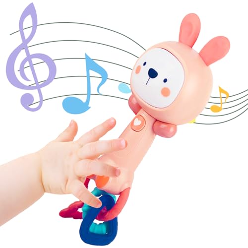 Image of WHNKFB Soft Pink Bunny Baby Musical Rattle Toy - Light-Up Teether & Sensory Chew, BPA-Free Soft Rubber, Baby Shower & 1st Birthday Gift for 6-18 Months 1+ Year Old