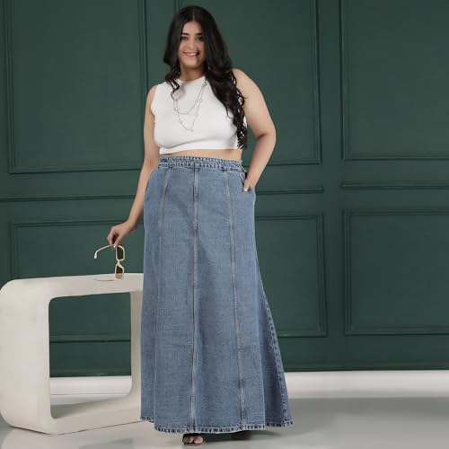 Image of Womens Plus Size Hipster Fit Mid Blue Denim Skirt