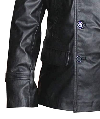 VearFit Double Breast Men Trench Coat Blazar Black Real Leather4