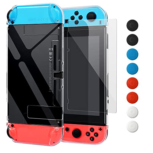 FYOUNG Coque et Protection D'écran Compatible avec Nintendo Switch, Étui PC Crystal Clear + Housse De Manettes Séparée + Film De Verre Trempé + Capuchon De Pouce - Transparent Cover