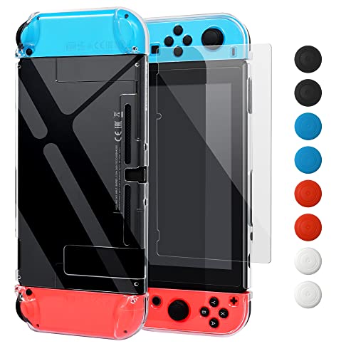 FYOUNG Coque et Protection D'écran Compatible avec Nintendo Switch, Étui PC Crystal Clear + Housse De Manettes Séparée + Film De Verre Trempé + Capuchon De Pouce - Transparent