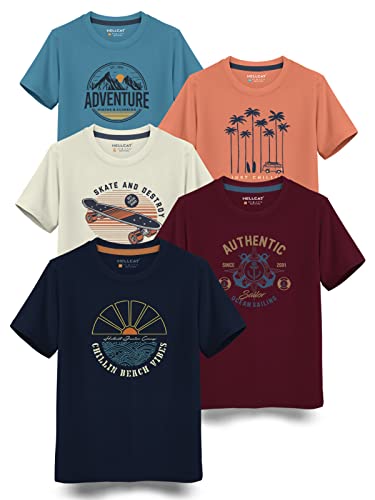 HELLCAT Boys Cotton Blend Comfort Fit Trendy Typographic Printed Half Sleeve T-Shirt for - Pack of 5 / Navy Blue & Burgundy & Beige & Saffron & Turquoise Blue / 13-14 Years