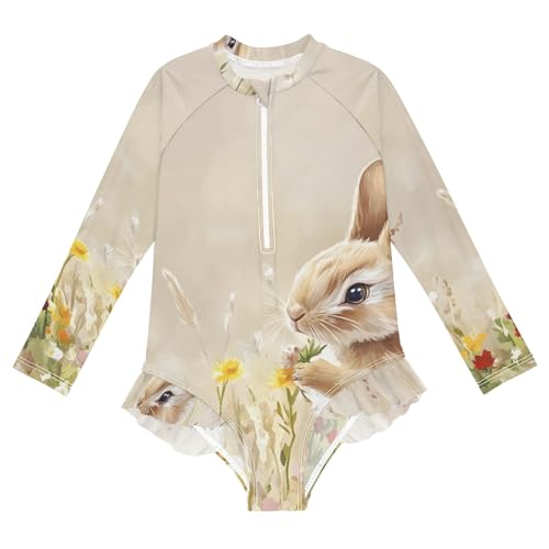 Flowers Rabbit Oil Painting Girls Long Sleeve Swimsuit Rash Guard One Piece Bathing Suits Zipper 3-12T