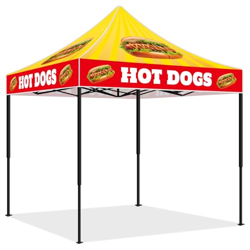 Oudain 10x10 Hot Dogs Themed Pop Up Canopy Tent Commercial Canopy for Food Vendors Heavy Duty Pop Up Shelter for Outdoor Catering Advertising Stand with Iron Frame and Silver Coated Fabric