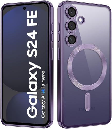 Image of VONZEE Clear Logo Electroplating Transparent Case For Samsung Galaxy S24 FE 5G, Magnetic Plating [Support For MagSafe Charger] Tpu Case Cover, Individual Camera Protection For Each Lens- Deep Purple