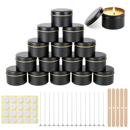 HOCUCHELAND 15 Stück Kerzendosen 120ml Runde Kerzenbehälter Kerzenbecher mit Kerzenherstellung Zubehör Kerzengläser mit Deckel für Kerzen Selber Machen Set Schmuck Kosmetik (Schwarz)