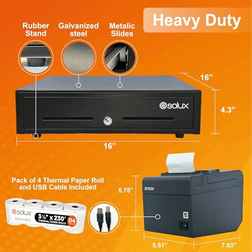 Solux SX-CD-TM-EP-20 Pos Hardware Bundle For Square System - 16 Inch Square Cash Drawer - Square Thermal Receipt Printer - Square Pos Systems For Small Business - Cash Register thumb #3