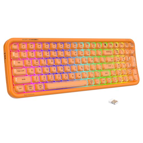 Image of FOPETT Wireless Computer Keyboard with RGB Backlit, Tri-Mode Bluetooth 5.0 /USB-C /2.4GHz Ergonomic Gaming Keyboard - Full-Size Rechargeable Transparent Keycap for Laptop /Windows /PC - Orange