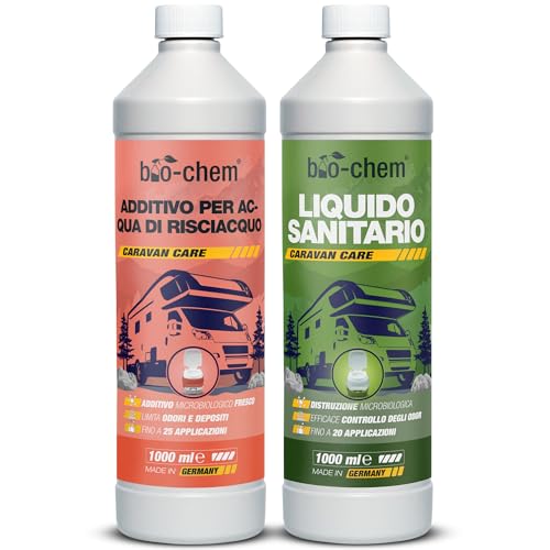 Bio-Chem - Set di 2 Prodotti detergenti per WC di Camper e roulotte - Liquido Sanitario 1L e Additivo Sanitario 1L - Nuova Formula con microrganismi per WC chimici da roulotte