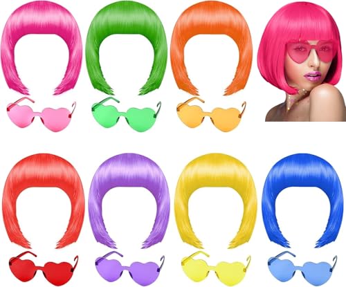 PLULON 7 Pcs Neon Short Bob Wigs 7 Pcs Sunglass Colorful Party Cosplay Wigs Hairpieces for Bachelorette Neon Party Favors Supplies, Halloween Costumes
