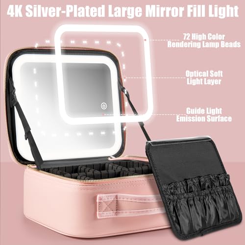 Image of Extrei Gent Makeup Travel Train Case With Mirror Led Light 3 Adjustable Brightness Cosmetic Bag Portable Storage Adjustable Partition Makeup Jewelry Gift For Women, Pink