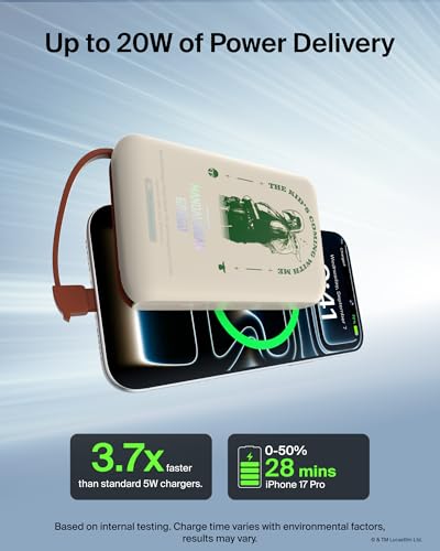 Image of Belkin Disney Mando & Grogu Power Bank, BoostCharge Portable Charger with Integrated Cable 10K PD 20W - Fast Charge USB-C Power Delivery, Portable iPhone Charger for iPhone 17, iPad Pro, Galaxy S26