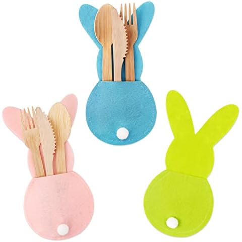 ANOTION Easter Table Decor, 6 Easter Bunny Felt Cutlery Holder Easter Decorations Cover