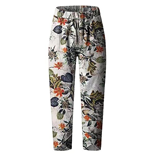 Linen Pants Women Jeans Linen Pants Women Casual Cotton Linen Wide Leg Cropped Trousers Summer Print Lounge Palazzo Pant with Pockets Trendy 2025 Elastic Waist Pajamas Tall Long Vacation3