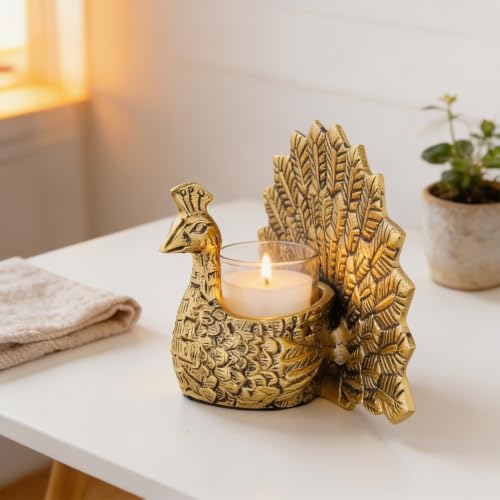 Image of Amazon Brand - Solimo Metal Gold Dancing Peacock with Scented Glass Votive Candle | Decorative Showpiece for Home & Puja | Table Decor | Diwali Gift & Festive Decoration (18.5 cm)