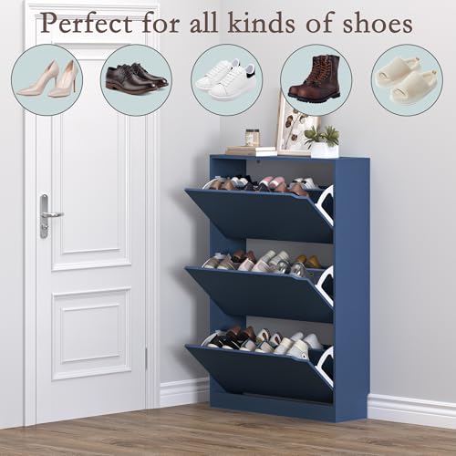 Image of BORNOON Shoe Cabinet with 3 Flip Drawers, Hidden Wood Shoe Cabinet,Freestanding Shoe Storage Cabinet for Entryway Hallway. 47.2 inch H*31.5 inch W*9.45 inch D