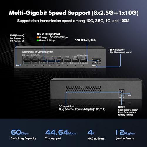Image of 8 Port 2.5G Managed Switch, 8 x 2.5Gbps Base-T Ports and 10G SFP+ Slot, Support LACP /QOS /VLAN /IGMP, Mini Metal Fanless 2.5Gb YuLinca Easy Web Switch
