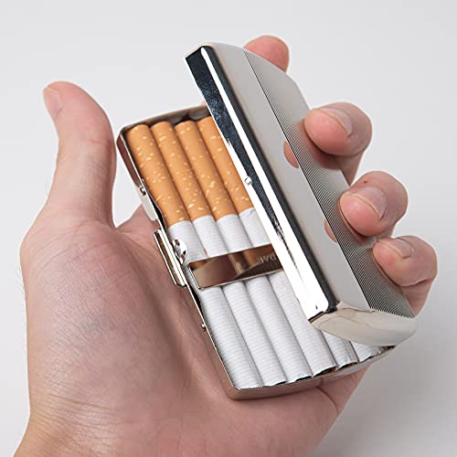 Image of Retro Mini Metal Cigarette Case - Portable Pocket Box for Women and Men, Double Sided Spring Clip Open, Holds 12 Regular Size 85mm Cigarettes (Silver)