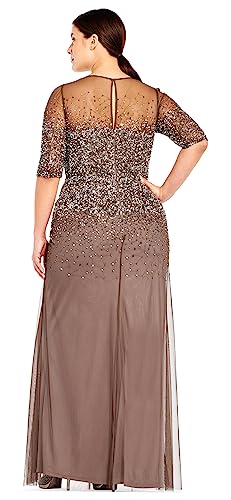 Adrianna Papell Women's Plus-Size 3/4 Sleeve Beaded Illusion Gown with Sweetheart Neckline, Lead, 14W