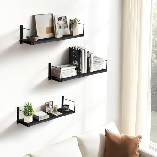 Image of Wall Mounted Bathroom Shelves Set of 3, Black Rustic Wood Floating Shelves with Metal Brackets, Wall Storage Display Rack for Toiletries, Organizer, Kitchen, Bedroom, Living Room 23.5 inch