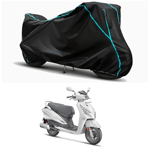 Image of Waterproof Bike Body Cover Compatible for | Hero Destini 125 LX | Taffeta Fabric, Sky Piping Design, Bottom Elastic Fit | Dustproof, Sun UV & Rain Protection for All Weather.