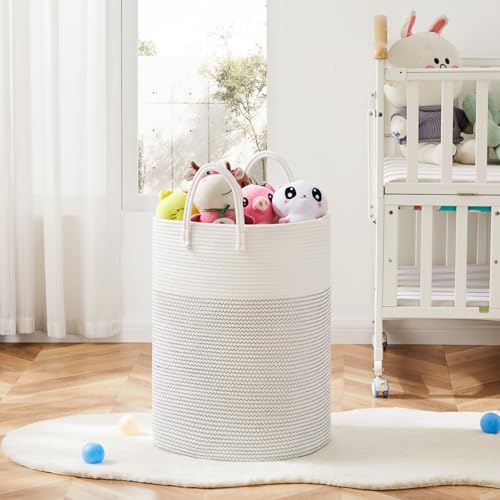 Image of Laundry Basket,Woven Cotton Rope Laundry Hamper,Versatile Storage for Dirty Clothes,Baby Toys,and Blankets in Bathroom, Nursery,and Living Room (White, 60L)