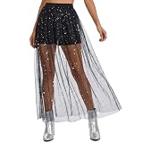 COSBERY Jupe sexy 2 en 1 en maille transparente pour femme   Jupe de festival noire   Jupe en tulle pailletée pour streetwear et clubwear, festivals de musique, fête, rave, Noir , XL
