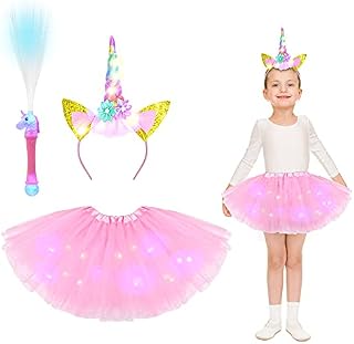 ACWOO Unicorn Costume, LED Light Up Unicorn Dress Princess Fancy Dress Up with Unicorn Headband and Fibre Optic Wand, Girl Fairy Tutu Skirt for Party Cosplay Princess Dress Up (2-10 Years) Pink