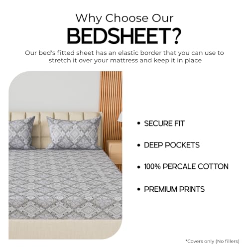 Image of LINENWALAS 100% Cotton 200 TC Double Fitted Sheet with 2 Pillow Covers | 360 Elastic Bedsheet with 4-8 inch Deep Pocket - Soft Breathable Bedding (72x72 inch, Royal Mosaic)