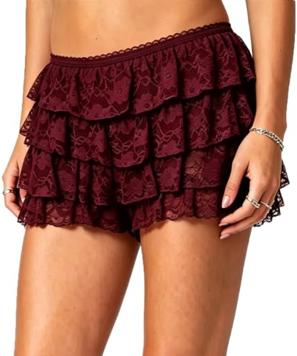 Image of Yiulangde Women Lace Bloomers Layered Ruffle Mini Shorts Y2k Pettipants | Shorts Women,Lolita Ruffled Bloomer Shorts for Under Skirts,Fluffy Booty Shorts,Rave Boy Short Panties,Going out Bottoms