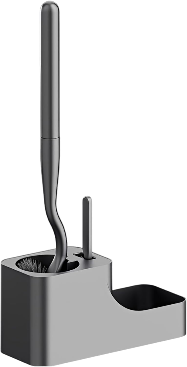 Wall Mounted Toilet Brush and Holder Set, Gunmetal Grey, Punch-Free Bathroom Organizer with Extended Handle, Crevice Brush, Ventilated Base for No Dead Corner Gaps