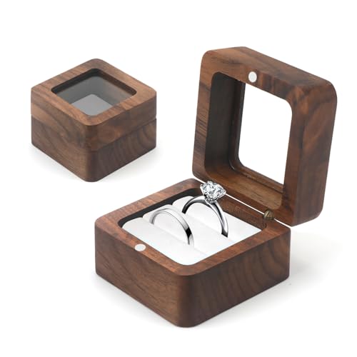 Caja para anillos de boda, caja de anillo de madera, caja de anillo cuadrada de nogal con ventana transparente y revestimiento de terciopelo blanco – Caja de anillo, dos anillos, compromiso
