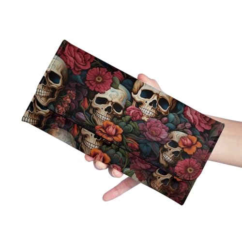 Image of AFPANQZ Skull Red Rose Print Long Clutch for Ladies Girls Multi Card Holder Slots Wallet Leather Wallet Zip Travel Purse Big Capacity Phone Holder Coin Zip Pocket Multi Card