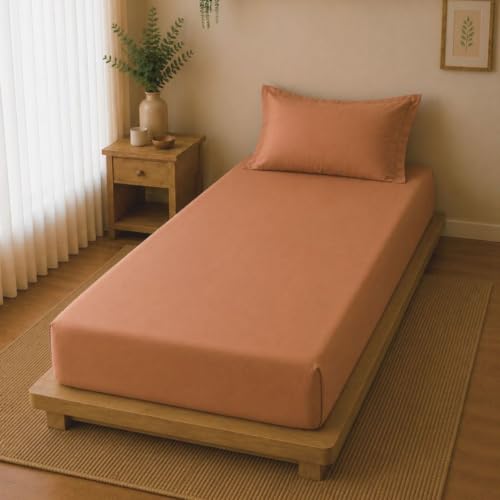 Image of Linen Home Cotton Percale Fitted Bedsheet Set Single Size Tera Clay