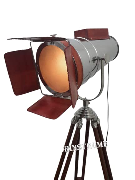 THOR INSTRUMENTS Chrome Finish Big Leather Spot Light with Wooden Brown Tripod Stand Rustic Vintage Home Decor Gifts