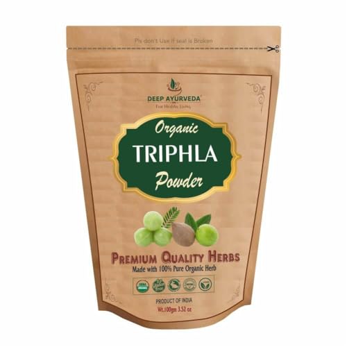 Organic Triphala Powder, Natural Laxative, Gut Cleanser, Cleansing & Rejuvenation | Non GMO Vegan Powder | Ayurveda Herb for Hair | Easy to Mix in Smoothies & Herbal Tea-100gm /3.53 Oz Pack By Deep Ayurveda