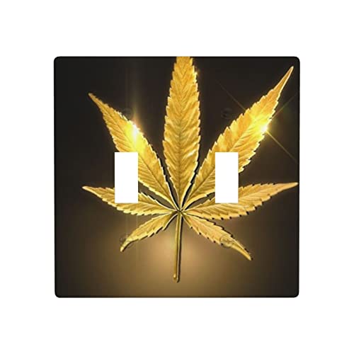 Golden Cannabis Classic - Placa de pared para interruptor doble, placa de interruptor, cubierta de salida decorativa, tamaño estándar de 4.72 x 4.72 pulgadas