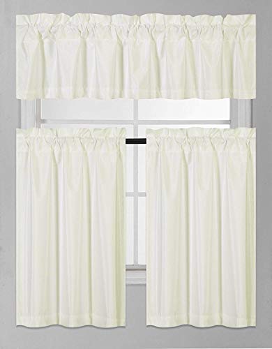 DiamondHome 3 Piece Faux Silk Blackout Kitchen Window Curtain Set 2 Tiers & 1 Valance Lined Thermal Blackout Drape Window Treatment (Ivory)