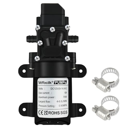 VeYocilk DC 12V Water Pump,1GPM 4L/Min Diaphragm Pump Built in Pressure Switch with 2 Hose Clamps for Pumping Water
