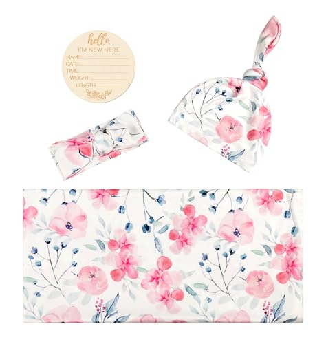 Image of Baby Girls Swaddle and Headband Beanie Set Newborn Receiving Blankets with a Name Card (Pink and Ink)