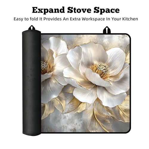 Image of Multi-Design Stove Top Cover for Glass /Electric Stoves - 3-in-1 Heat-Resistant Protector Mat, Non-Slip Drying Rack 28 inchx20 inch (Peony, 28 inch L x 20 inch W)