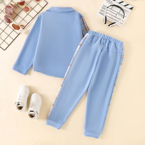 Image of Boy Clothes Fall Winter Outfits Long Sleeve Plaid Patchwork Button Down Shirt + Casual Pocket Sweatpants 5-14 Years