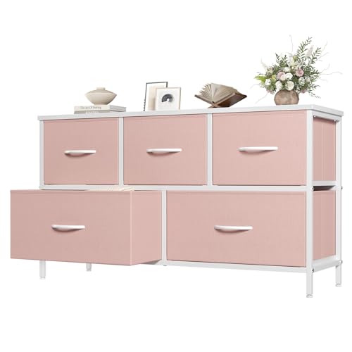 Image of OLIXIS Pink Dresser for Girls Bedroom, Wide Dresser for Closet, 5 Drawers | Closet Organizers and Storage with Bins, Fabric Chest of Drawers for Clothes Storage, Wooden Top, Living Room