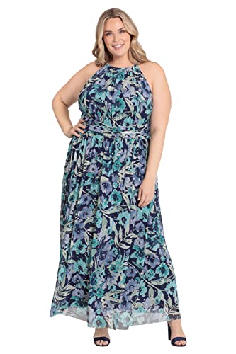 Image of London Times Women's London Times Mesh Halter Maxi Dress with Ruched Waistband Flowy Bohemian Beach Dresses
