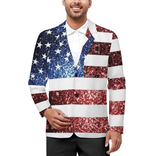 U.S.A. Flag Red Blue Sparkles Glitters Mens Blazer Suit Jacket Lightweight Slim Fit Casual Coat